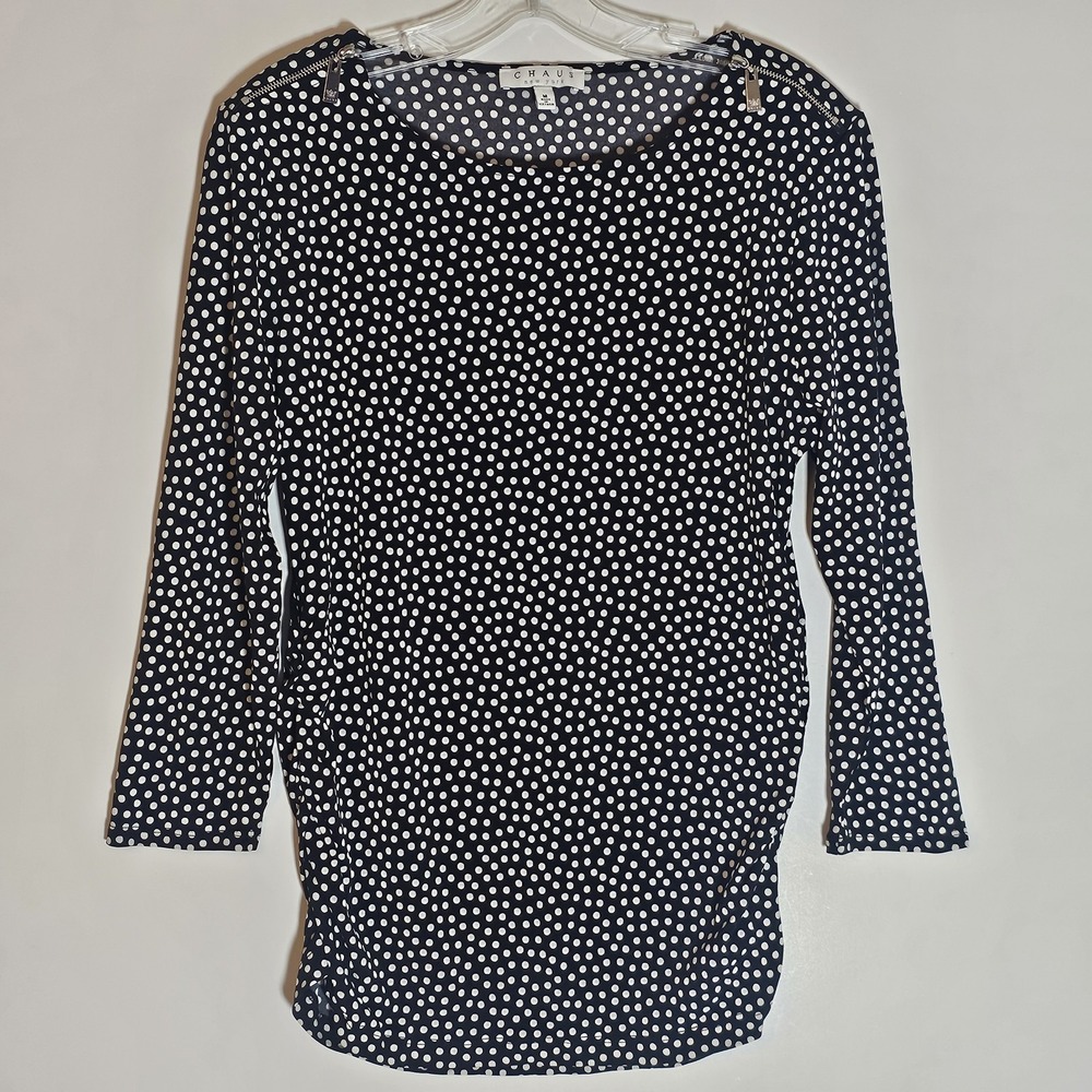 Chaus Top NY Womens Medium Black White Polka Dot Ruched Sides Zip Shoulder Nice